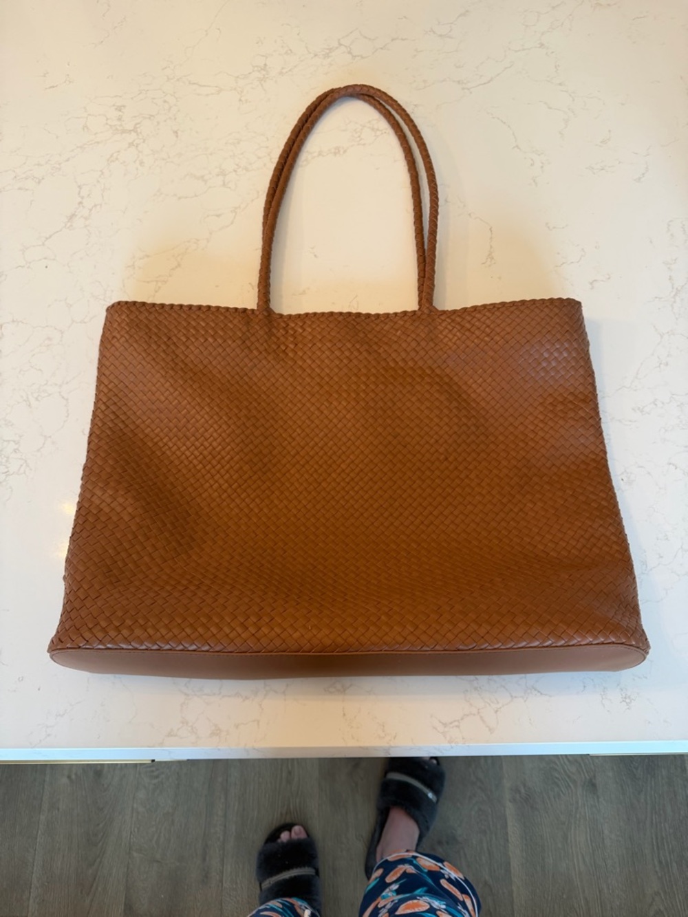 Woven Leather Tote Bag - Cognac Brown - Picture 2 of 6